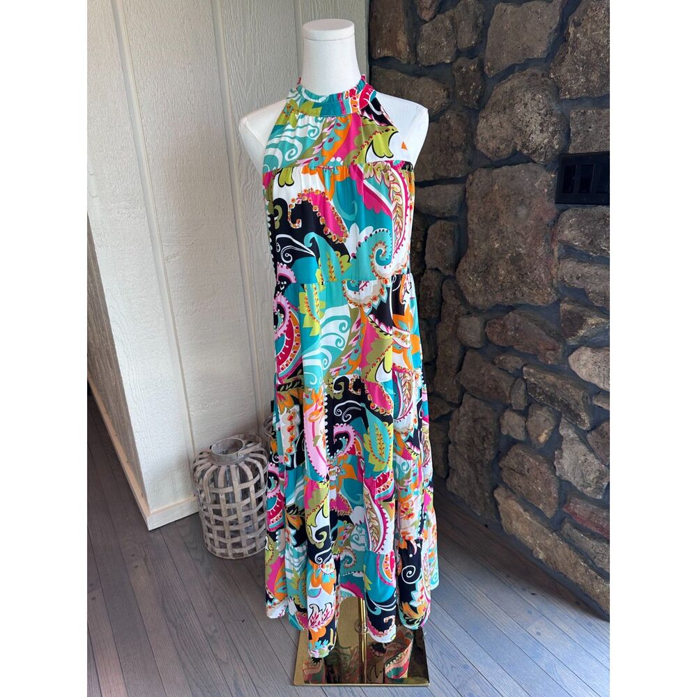 THML Vibrant Paisley Tiered Halter Maxi Dress XS Colorful Boho Vacation - Picture 2 of 5